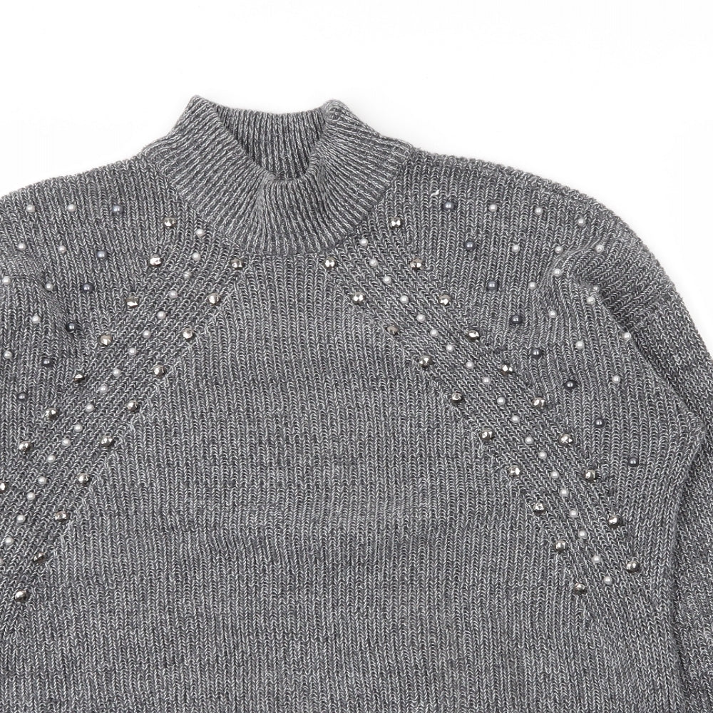 Together Womens Grey Mock Neck  Acrylic Pullover Jumper Size M
