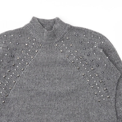 Together Womens Grey Mock Neck  Acrylic Pullover Jumper Size M