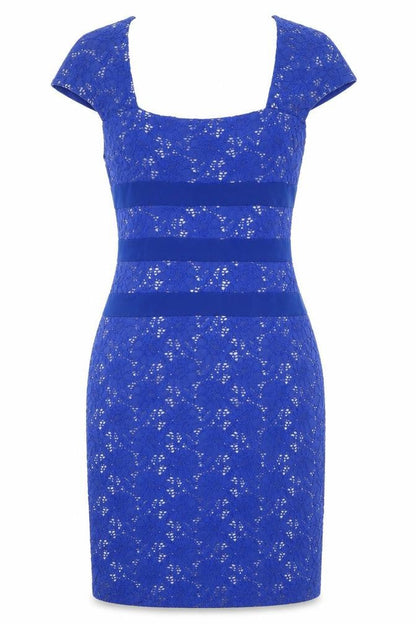 Front view of Gina Bacconi women’s blue floral cotton sheath, size UK 10, square neck button