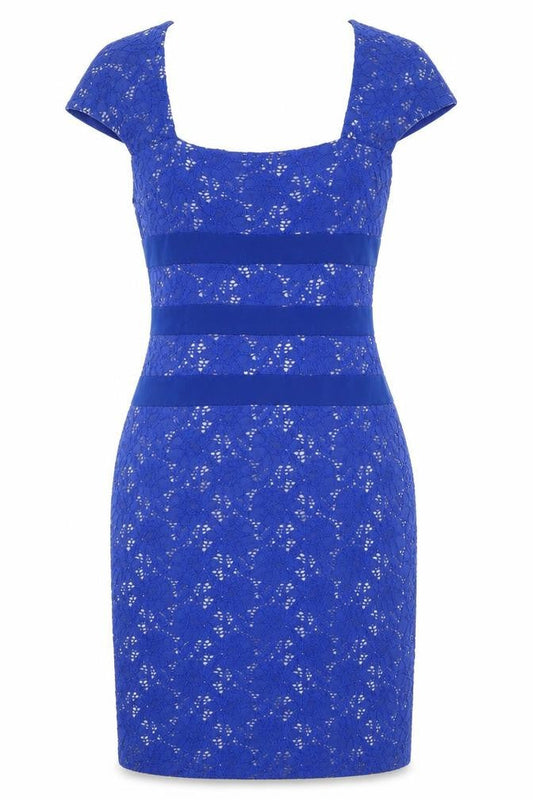 Front view of Gina Bacconi women’s blue floral cotton sheath, size UK 10, square neck button