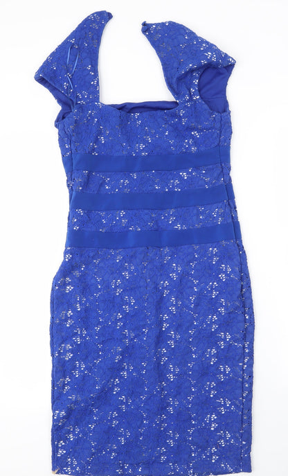 Gina Bacconi Womens Blue Floral Cotton Sheath  Size 10  Square Neck Button