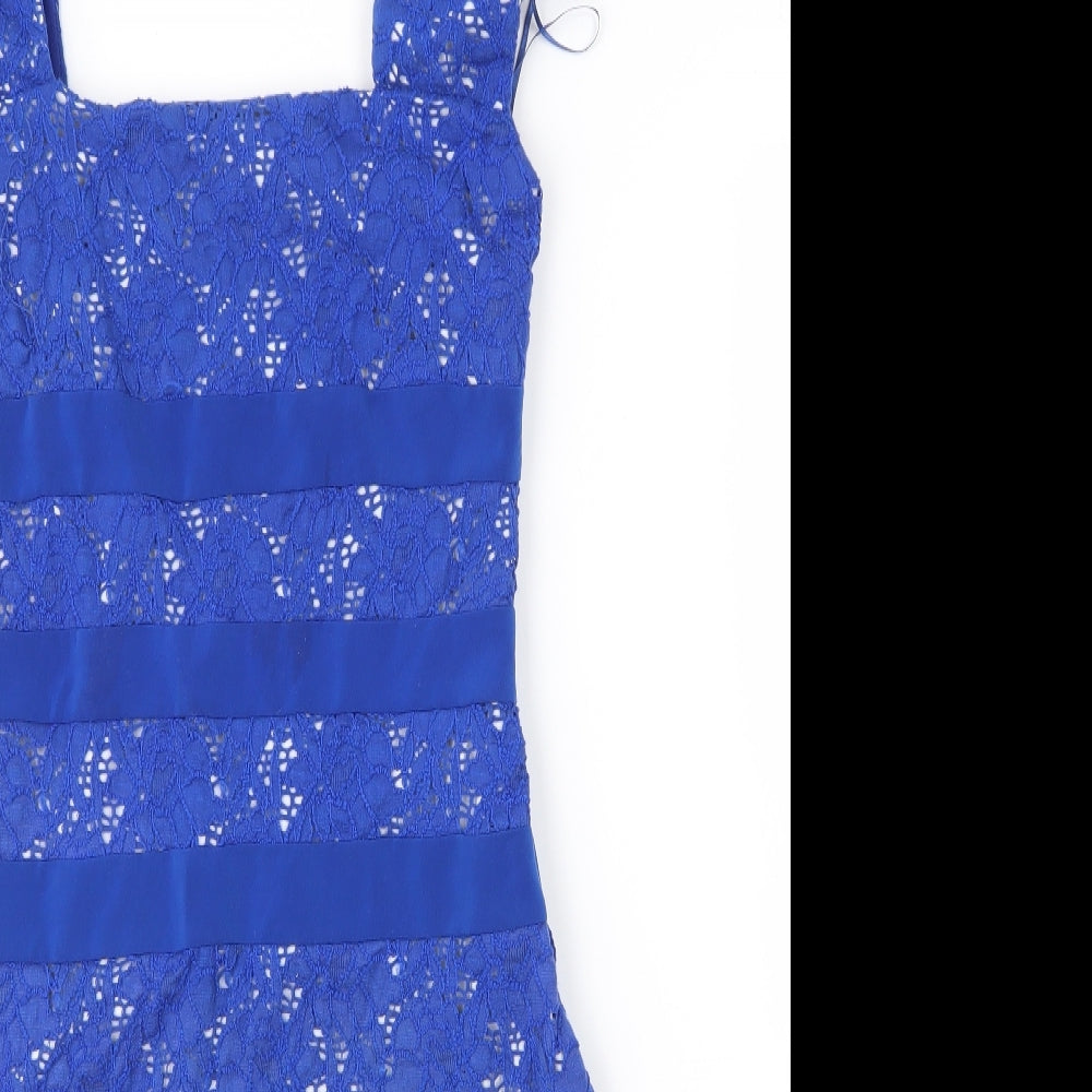 Gina Bacconi Womens Blue Floral Cotton Sheath  Size 10  Square Neck Button