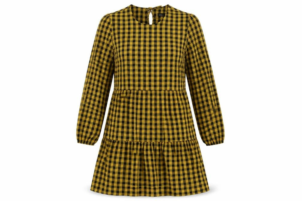 Front view of New Look women’s yellow check polyester a-line, size UK 8, crew neck tie