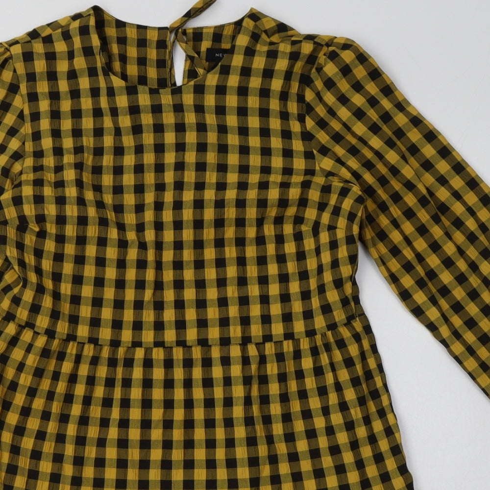 New Look Womens Yellow Check Polyester A-Line  Size 8  Crew Neck Tie