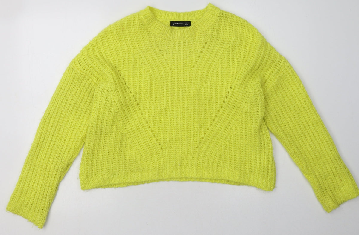 Front view of Stradivarius women’s yellow acrylic pullover sweatshirt, size S, pullover