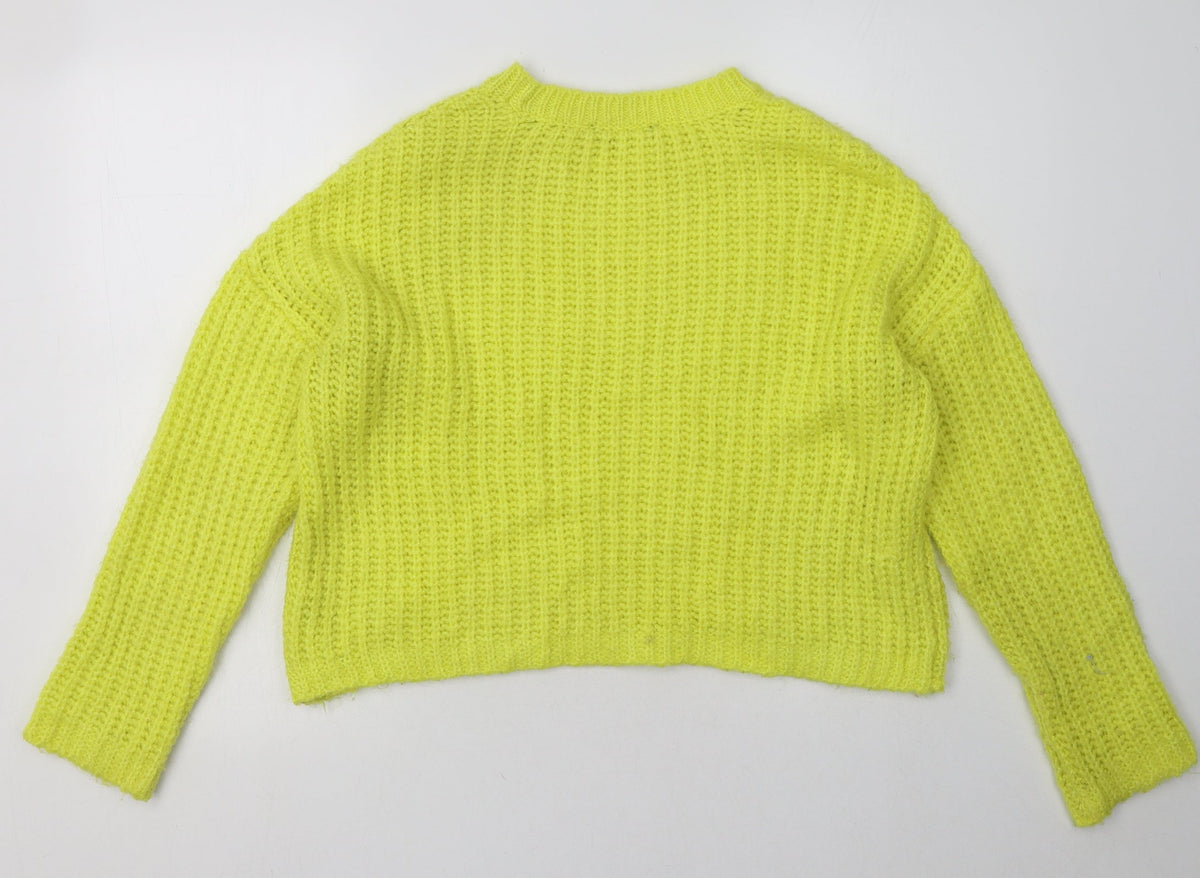Back view of Stradivarius women’s yellow acrylic pullover sweatshirt, size S, pullover