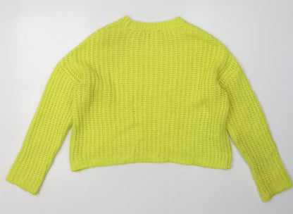 Back view of Stradivarius women’s yellow acrylic pullover sweatshirt, size S, pullover