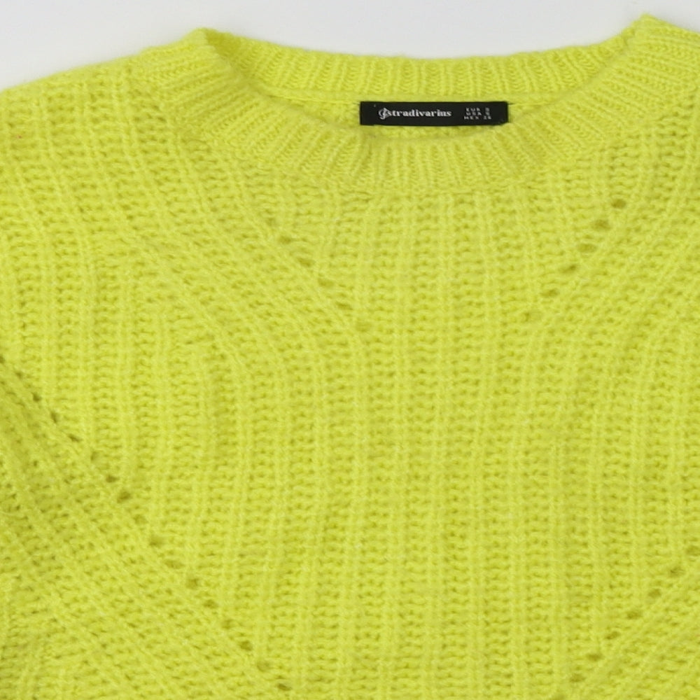 Close-up detail of Stradivarius women’s yellow acrylic pullover sweatshirt, size S, pullover
