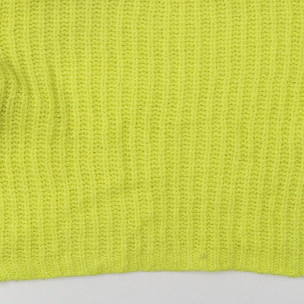 Brand and care label for Stradivarius women’s yellow acrylic pullover sweatshirt, size S, pullover