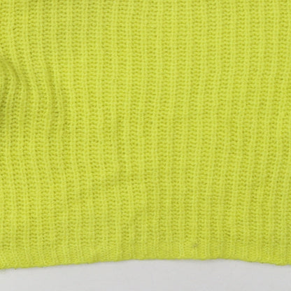 Brand and care label for Stradivarius women’s yellow acrylic pullover sweatshirt, size S, pullover