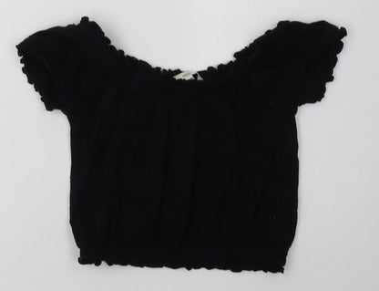 Miss Evie Girls Black Floral Cotton Basic T-Shirt Size 9-10 Years Off the Shoulder Pullover