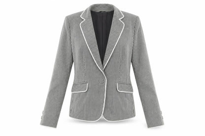 Front view of Debenhams women’s grey striped jacket blazer, size UK 10, button