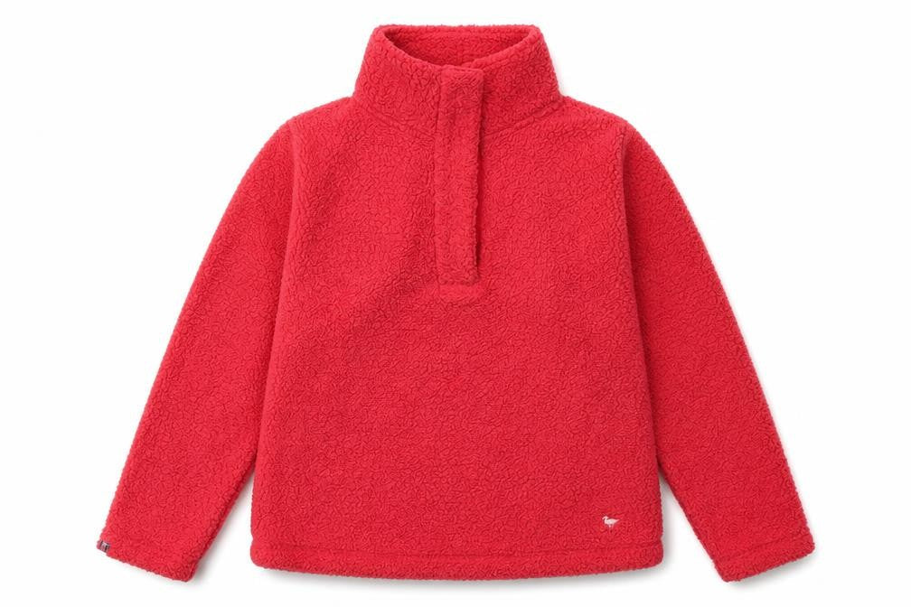 Front view of EWM women’s pink polyester pullover sweatshirt, size M, button
