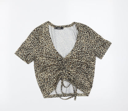 SheIn Womens Brown Animal Print Polyester Cropped T-Shirt Size XS V-Neck
