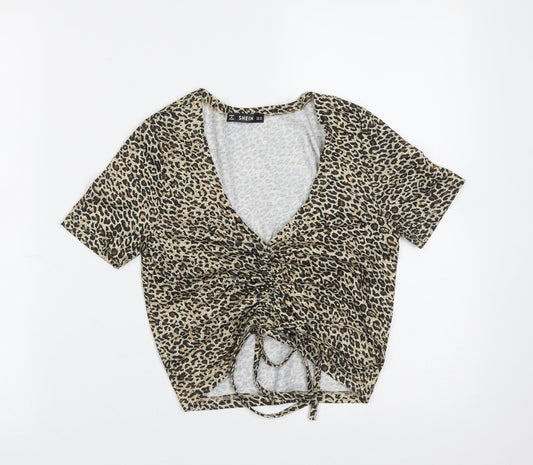 SheIn Womens Brown Animal Print Polyester Cropped T-Shirt Size XS V-Neck