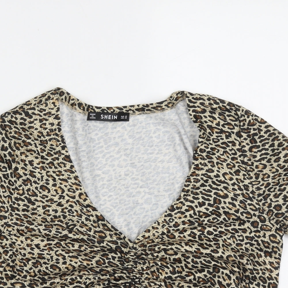 SheIn Womens Brown Animal Print Polyester Cropped T-Shirt Size XS V-Neck