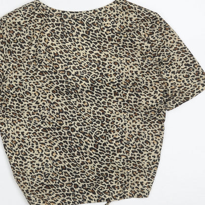 SheIn Womens Brown Animal Print Polyester Cropped T-Shirt Size XS V-Neck