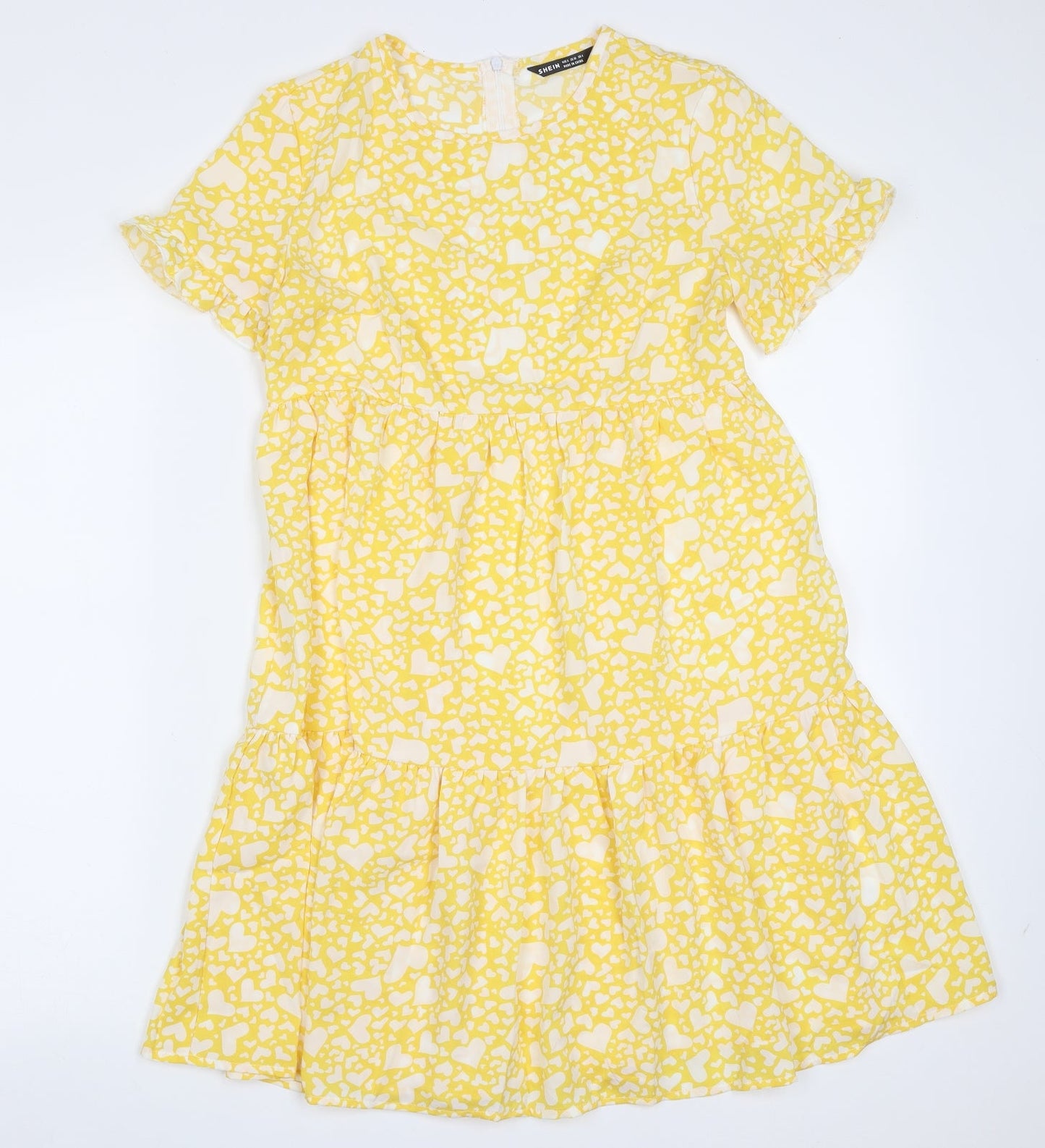 SheIn Womens Yellow Geometric Polyester Fit & Flare  Size S  Round Neck  - heart pattern