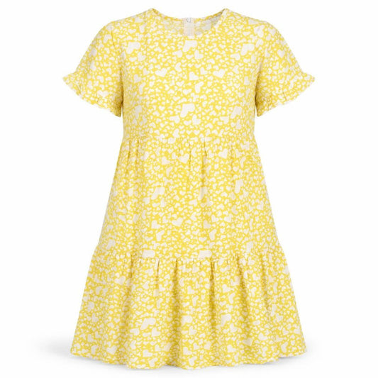 Front view of SHEIN women’s yellow geometric polyester fit & flare, size S, round neck - heart pattern