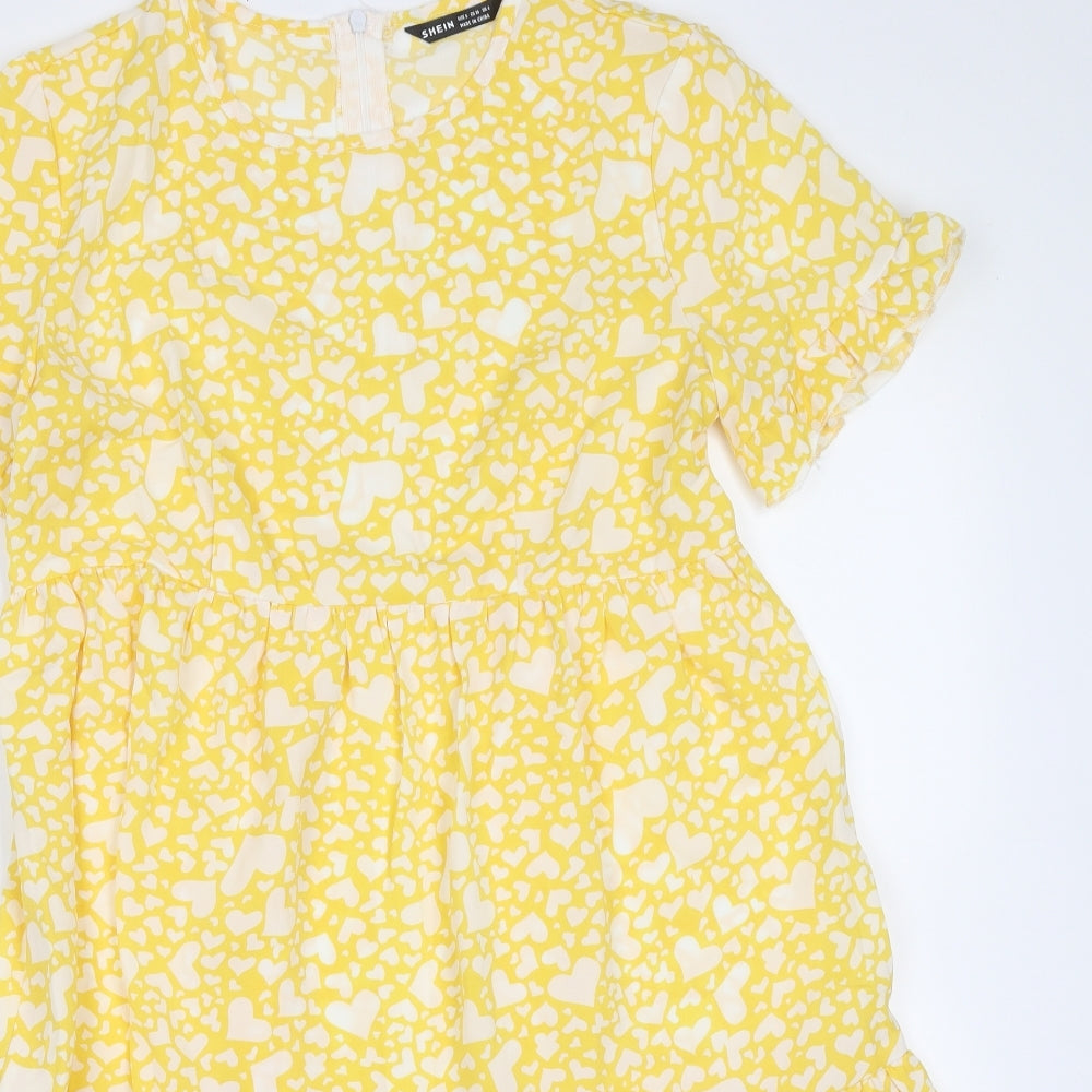 SheIn Womens Yellow Geometric Polyester Fit & Flare  Size S  Round Neck  - heart pattern
