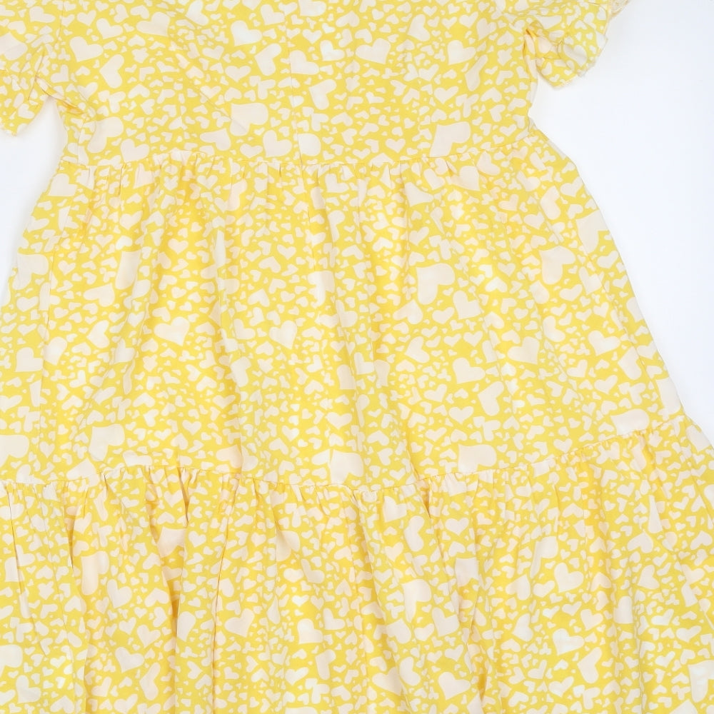 SheIn Womens Yellow Geometric Polyester Fit & Flare  Size S  Round Neck  - heart pattern