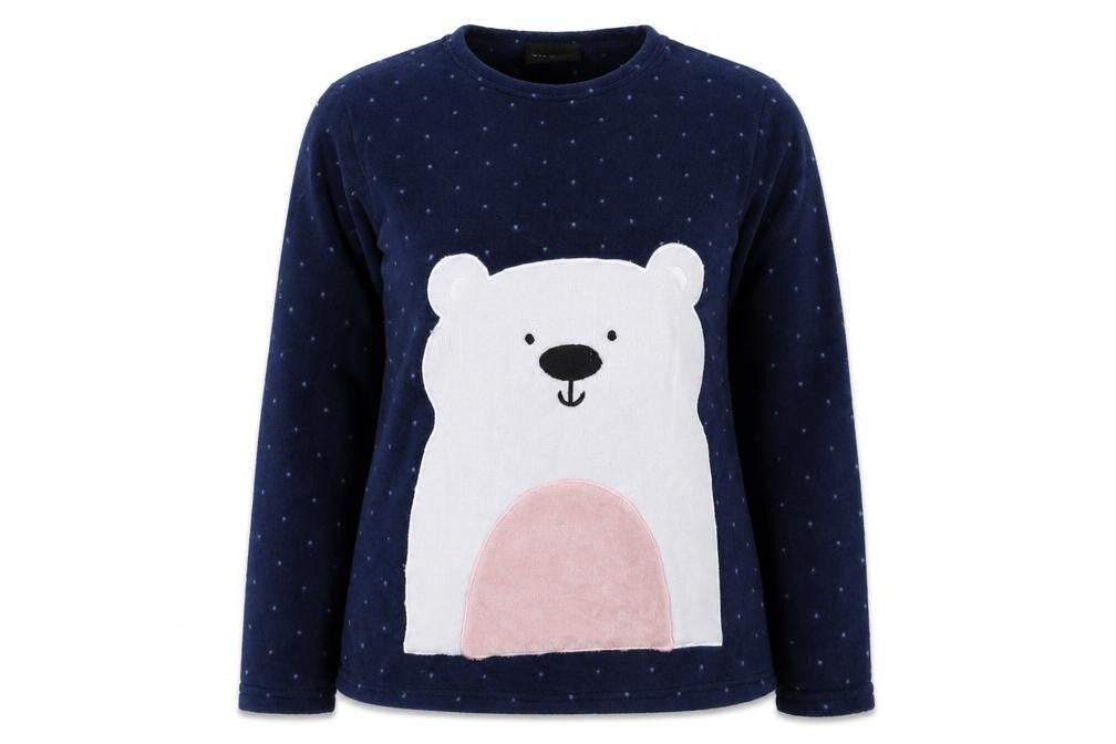Front view of tramas women’s blue solid polyester top pyjama top, size S, - polar bear