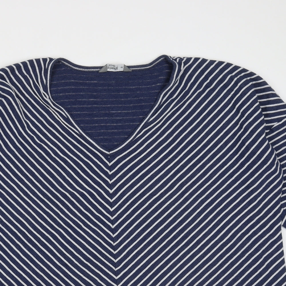 Nutmeg Womens Blue V-Neck Striped Cotton Pullover Jumper Size 18