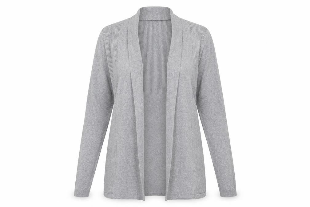 Front view of Tu women’s grey round neck viscose cardigan jumper, size UK 10