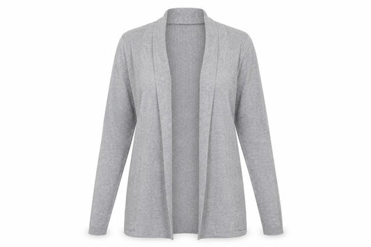 Front view of Tu women’s grey round neck viscose cardigan jumper, size UK 10