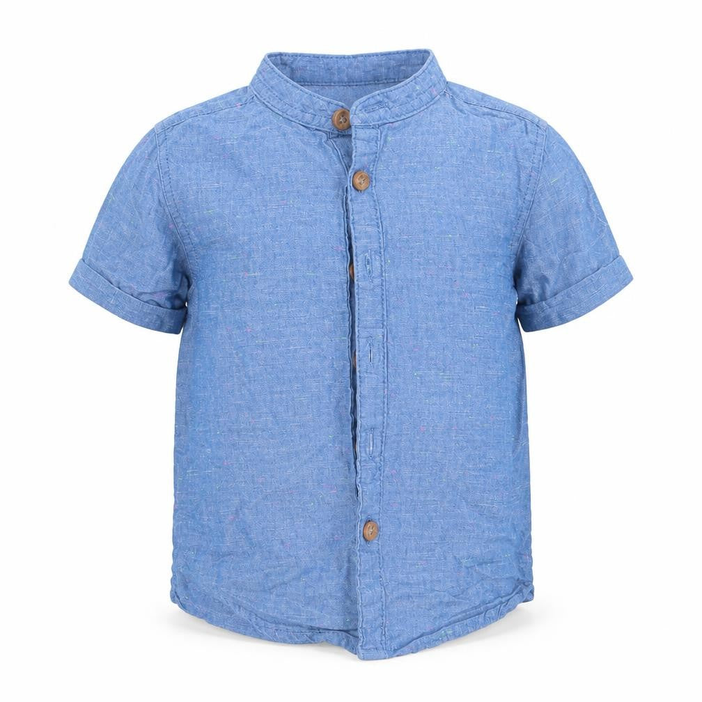 Front view of Primark boys’ blue cotton basic button-up, size 9-12, months round neck