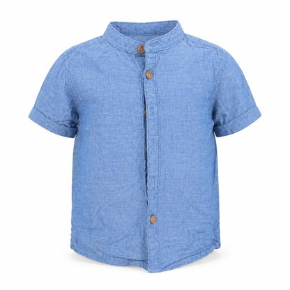 Front view of Primark boys’ blue cotton basic button-up, size 9-12, months round neck