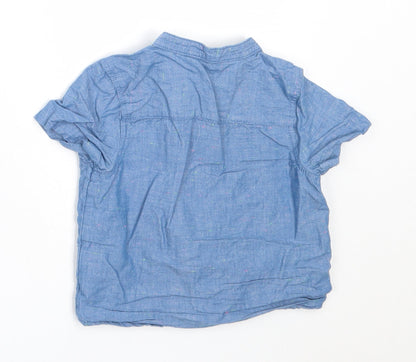 Back view of Primark boys’ blue cotton basic button-up, size 9-12, months round neck