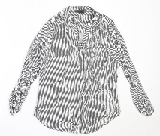 Primark Womens Grey Striped Viscose Basic Button-Up Size 10 V-Neck