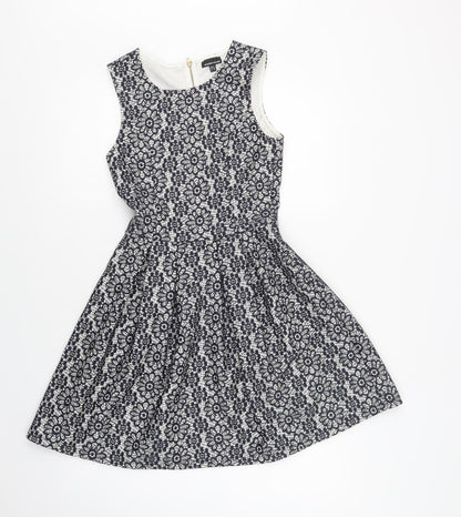 Warehouse Womens Blue Floral Polyester Fit & Flare  Size 6  Round Neck Zip - Lace Overlay