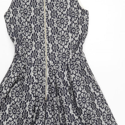 Warehouse Womens Blue Floral Polyester Fit & Flare  Size 6  Round Neck Zip - Lace Overlay
