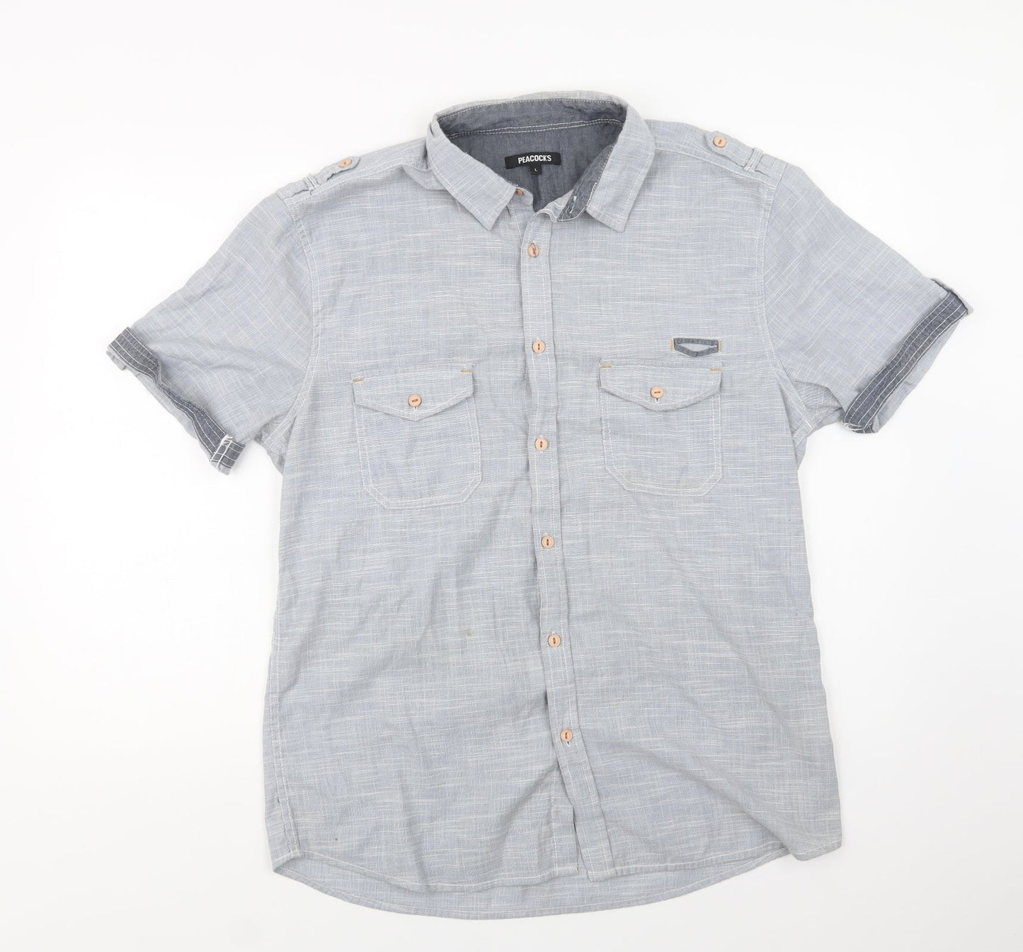 Mens UK Size L Peacocks Blue  Button-Up Short Sleeve Casual Shirt