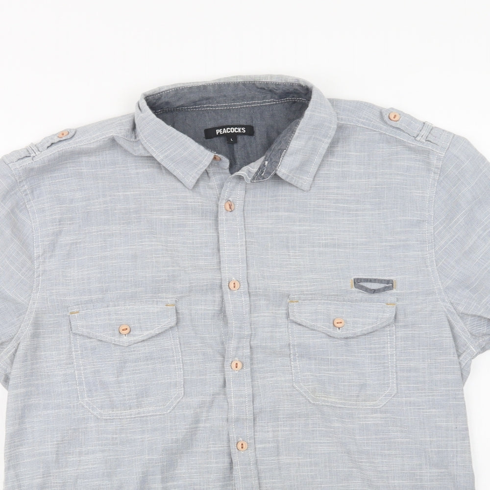 Mens UK Size L Peacocks Blue  Button-Up Short Sleeve Casual Shirt