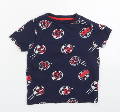 Primark Boys Blue  Cotton Basic T-Shirt Size 4-5 Years Crew Neck Pullover - Footballs