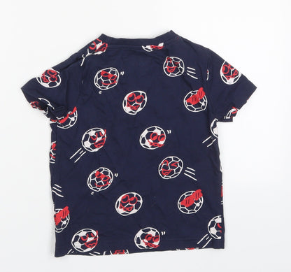 Primark Boys Blue  Cotton Basic T-Shirt Size 4-5 Years Crew Neck Pullover - Footballs