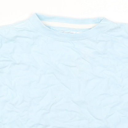 Close-up detail of Rebel boys’ blue cotton basic t-shirt, size 4-5, years crew neck pullover