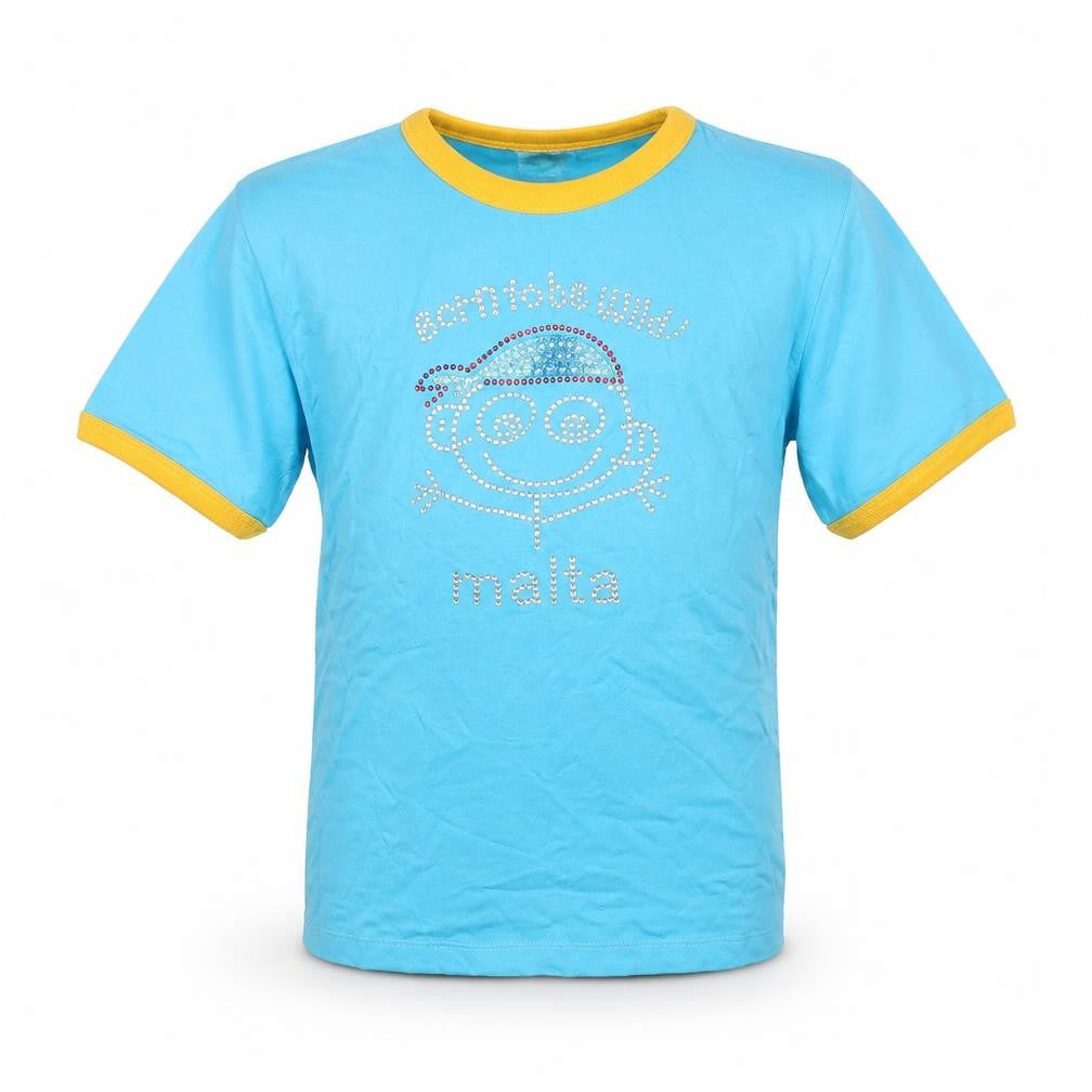 Front view of Peak Projects boys’ blue cotton basic t-shirt, size L, crew neck pullover - born to be wild malta