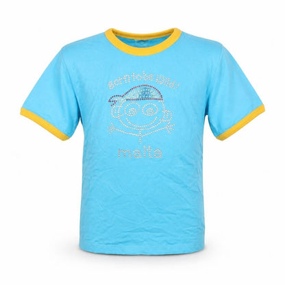 Front view of Peak Projects boys’ blue cotton basic t-shirt, size L, crew neck pullover - born to be wild malta