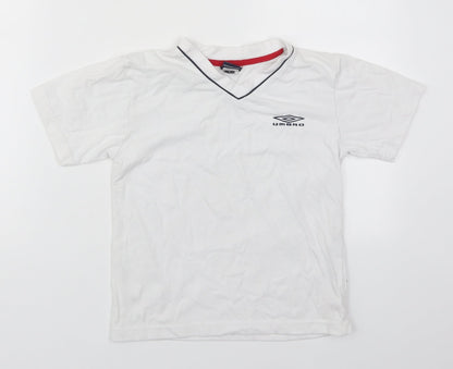 Additional front view of Umbro boys’ white polyester basic t-shirt, size 5-6, years v-neck pullover
