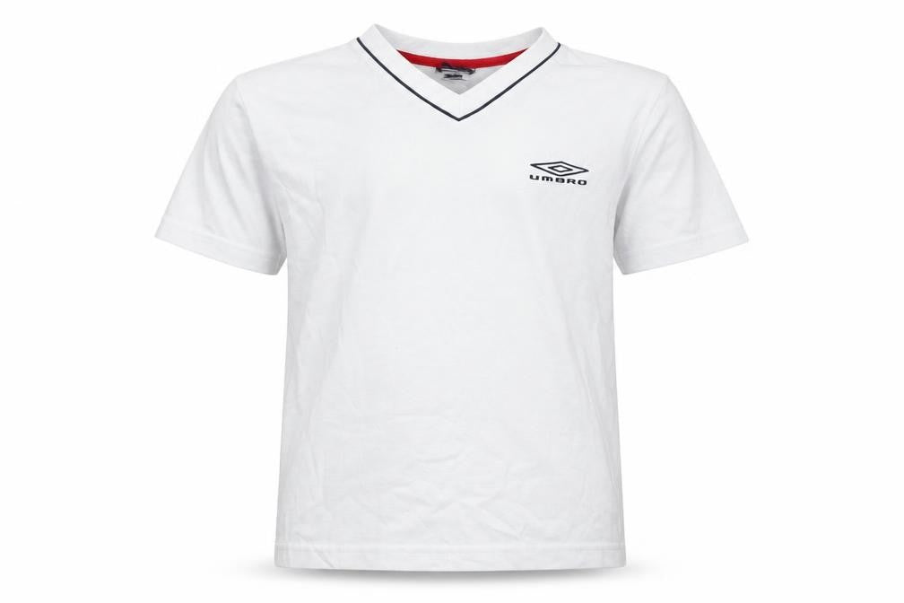 Front view of Umbro boys’ white polyester basic t-shirt, size 5-6, years v-neck pullover