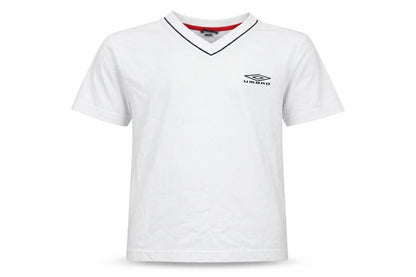 Front view of Umbro boys’ white polyester basic t-shirt, size 5-6, years v-neck pullover