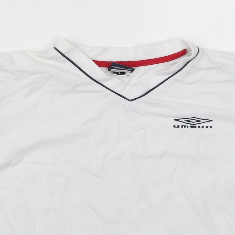 Close-up detail of Umbro boys’ white polyester basic t-shirt, size 5-6, years v-neck pullover