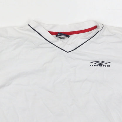 Close-up detail of Umbro boys’ white polyester basic t-shirt, size 5-6, years v-neck pullover