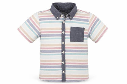 Front view of Matalan boys’ multicoloured striped cotton basic button-up, size 4-5, years collared button