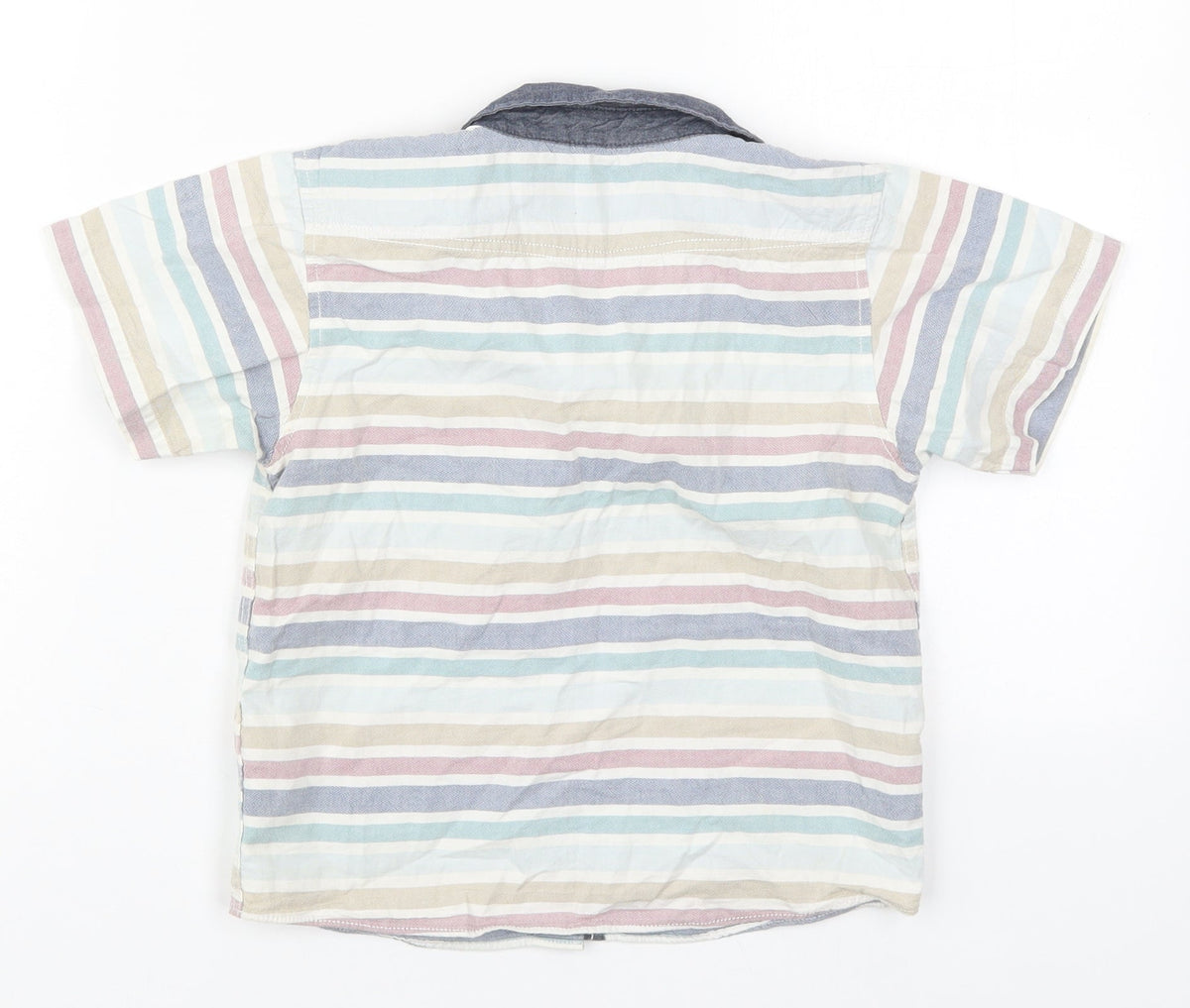 Back view of Matalan boys’ multicoloured striped cotton basic button-up, size 4-5, years collared button