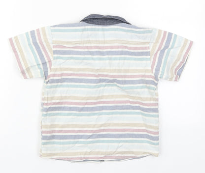 Back view of Matalan boys’ multicoloured striped cotton basic button-up, size 4-5, years collared button